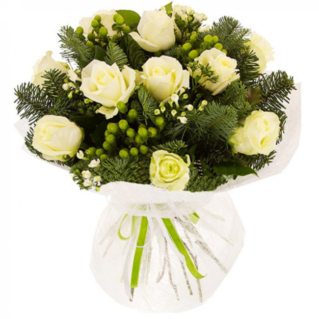 Букет цветов "Новогодний букет из белых роз" Букет цветов "Новогодний букет из белых роз"
